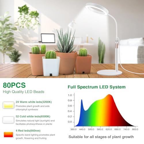 Aumtrly Grow Lights for Indoor Plants, 80 LED Full Spectrum Desk Plant Light for Growing Small Plant, Height Adjustable 24.5" Halo Grow Lamp with Base, 6/12/16H Timer, 3 Light Modes, 5 Dimming - size: 1 head 24.5inch/white