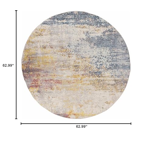BoutiqueRugs Light Gray Abstract 5ft Round Area Rug Contemporary Mustard Ice Blue Navy Alexandra Living Room Bedroom Dining Room Home Office Apartment 5'3" Round Stain Resistant Non-Shedding - color: Gray/Mustard, size: 5'3" (Round)