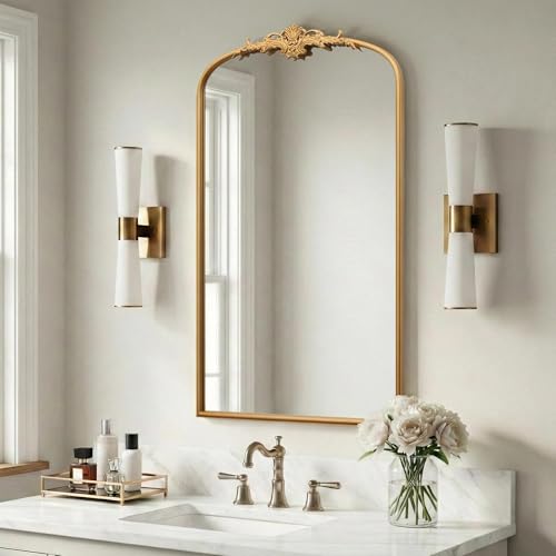 Besdomus Large Vintage Arched Mirror: 24"x42" French Arch Gleaming Gold Antique Wall Mounted Mirror - Traditional Ornate Home Decor for Entryway/Fireplace/Bathroom - Ideal for Bathroom Remodeling - color: Gleaming Gold, size: 42"L x 24"W