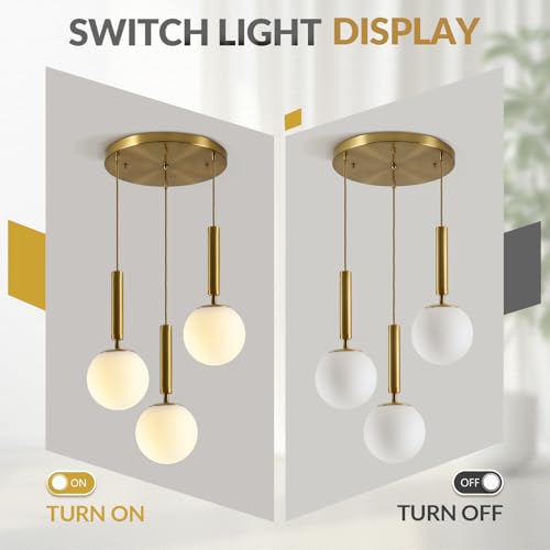 BOKT Modern 3 Light Cluster Pendant Lights Kitchen Island Mid Century Adjustable Brushed Gold Globe Chandelier Pendant Light Fixture Retro Vintage Milk White Glass Round Multi Hanging Ceiling Light - color: Gold-3Light