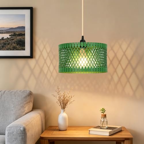 ZSLAIFU Hanging Lamp Plug in Pendant Light, 15FT Hanging Lights with Plug in Cord, Hanging Light with Bulb and Remote, Wood Shade Hanging Lamps for Bedroom, Living Room, Kitchen, Farmhouse(Green) - color: Green Wood - White Shade