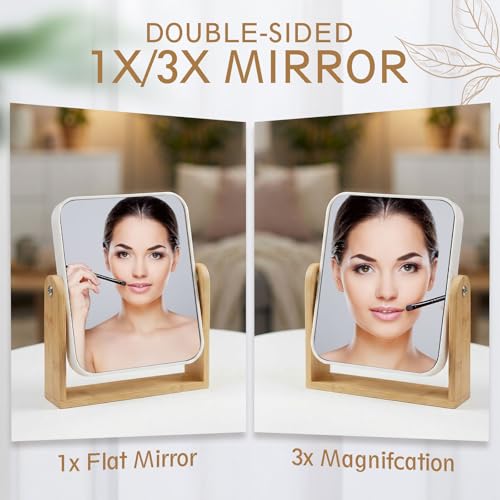 Novabright 4 Pack Desk Vanity Mirror, Double Sided 1X/ 3X Magnifying Makeup Mirror with Natural Bamboo Stand, 360° Swivel for Table, Desk, Countertop Bathroom Bedroom