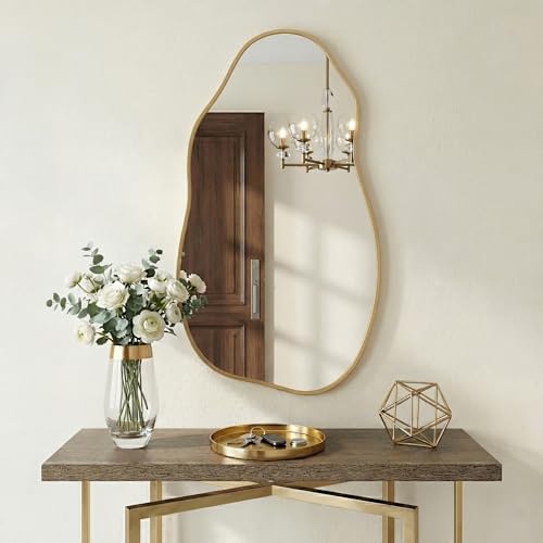 Irregular Wall Mirror 30"x16.5", Small Asymmetrical Mirror for Powder Room, Matte Gold Rust Proof Aluminum, Tempered Glass Wavy Mirror for Bedroom Makeup, Hallway & Aesthetic Room Decor - color: Gold, size: 30"L x 16.5"W