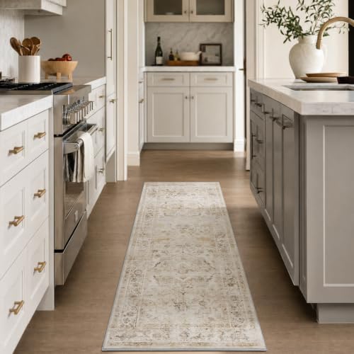 AMOAMI-2X6 Runner Rug-Washable Runners for Hallways-Soft Non Slip Bedside Rugs for Bedroom-Vintage Long Rug for Hallways Entryway Laundry Room Stair Kitchen Bathroom Beige - color: Beige, size: 2' x 6' (Rectangular)
