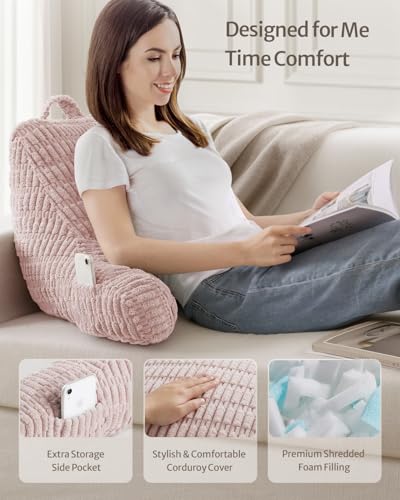 Blissful Diary Reading Pillow, Backrest Pillow with Shredded Memory Foam for Adult & Children, Designed for Bed and Couch Sitting Up, Includes Arms, Pockets and Washable Cover, Pale Pink - color: Textured Pale Pink, size: Standard(18inch)