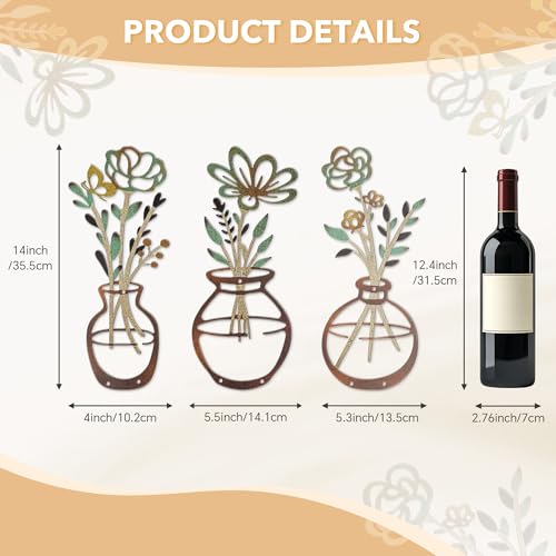 Mcdagogn 3 Pieces Metal Flowers Wall Decor - Rustic Farmhouse Wall Arts, Boho floral Minimalist Wall Decor for Living room Bathroom Bedroom laundry Room Kitchen Office - Housewarming Gifts - color: Brown-Green