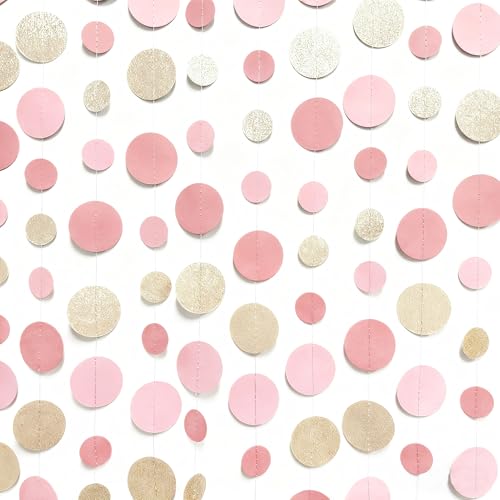 Champagne Gold Rose Pink Polka Dot Garland Champagne Dusty Pink Circle Dot Hanging Streamer Banner for Birthday Baby Shower Bridal Shower Wedding Engagement Retirement Boho Party Decorations Supplies - color: Dusty Pink Champagne