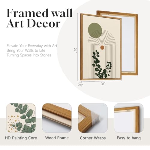 3 Piece Framed Abstract Boho Wall Art for Living Room, Large Sage Green Botanical Plant Canvas Artwork for Walls, Minimalist Geometric Prints Paintings for Bedroom Dining Room Hallway 16x24 Inch - color: Green Orange, size: 24" H x 16" W x 3Pcs