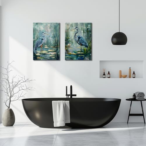 2 Panel Bird Wall Art Blue Heron Pictures Framed Bird Prints Artwork Heron in the Pond Natural Print Painting for Living Room Bedroom Office Wall Decor - color: Green, size: 30"L x 20"W