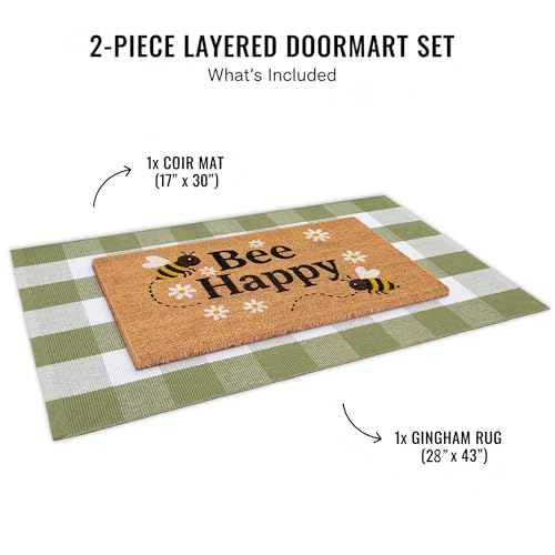 Bee Happy Layered Doormat Set, Spring Door Mat with Printed Coir Welcome Mat and Plaid Layering Rug, Farmhouse Front Door Entryway Decorative Porch Mat (Green, 2'4" x 3'7") - color: Green, size: 3'7" x 2'4" (Rectangular)