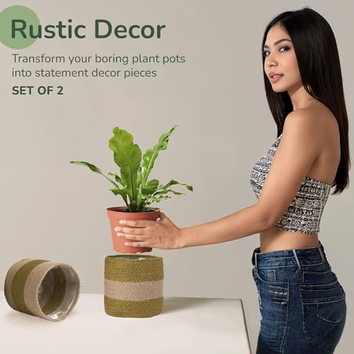 Jute Planter Basket-Woven Jute Rope Covers for Decorating Indoor/Outdoor Succulents, Small Plant Pots-Set of 2-Multi-Purpose Storage Bins 6.5 Inches - Modern Style Décor- Olive & Natural - color: Olive & Natural- Pack of 2, size: 6.5 Inch