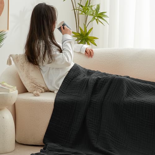 Love's cabin 100% Cotton Muslin Blanket, 6 Layer Lightweight Breathable Gauze Twin Size Blanket 60 x 80 Inches, Soft Summer Blanket for Bed or Couch, Black - color: Black, size: Twin(60"x80")