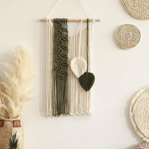 Macrame Leaves Tapestry Wall Decor- Bohemian Woven Tapestries Green Leaves Wall Art, Large Boho Tassels Hanging Ornament Western Room Decor for Bedroom Living Room Dorm - color: Dark Green