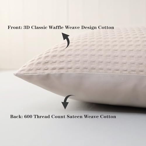 Shunjie.Home 100% Cotton Waffle Weave Throw Pillow Covers Set of 2, 600TC Solid Reverse Side, Hidden Zipper Closure, Skin-Friendly & Durable Decorative Euro Shams for Couch Sofa Bed, Khaki, 20"x20" - color: Khaki, size: 20" x 20" (Pack of 2)