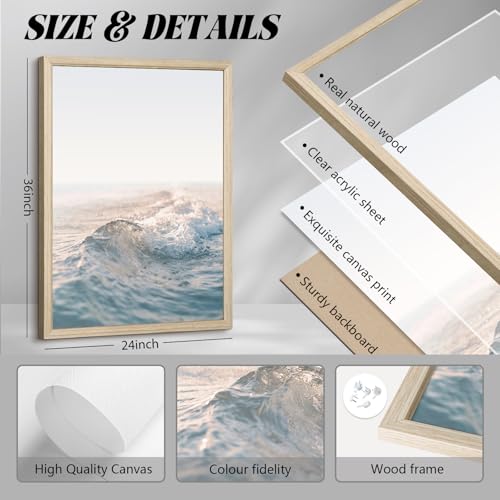 Beach Wall Art Pictures Coastal Canvas Wall Decor Ocean Waves Poster Blue Beach Scene Artwork Palm Tree Art Coastal Landscape Prints for Living Room Bedroom 24x36 Inch Framed Set of 3 - color: Waves Art Prints, size: 24x36 Inch Wood Framed