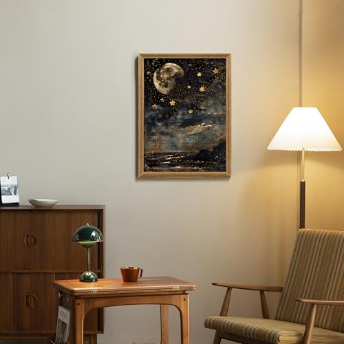 ICHZUMW Moon and Stars Celestial Canvas Wall Art, Mystical Moody Night Sky Poster Prints, Vintage Witchy Dark Academia Wall Decor, Framed Eclectic Gothic Home Decor for Desk Bedroom Bathroom, 12x16in - color: Moonlit Stars, size: 16"L x 12"W