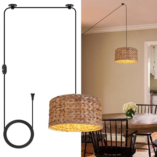 HuisMier Rattan Plug in Pendant Light with 15 Ft Plug in Cord, Wicker Woven Lampshade Hanging Lamp with Dimmable Switch, Plug in Boho Hangiing Light Fixture for Kitchen Island Bedroom Dinning Room - color: Brown Cylinder