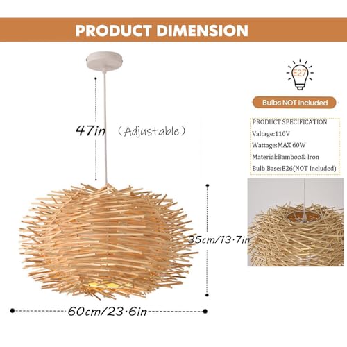 Tropical Island Beach Chandelier Creative Unique Weaving Pendant Lamp Bird's Nest Ceiling Hanging Light Hanging Lighting with Shape Rattan for Teahouse Dining Room in Beige - size: 60cm/23.6in