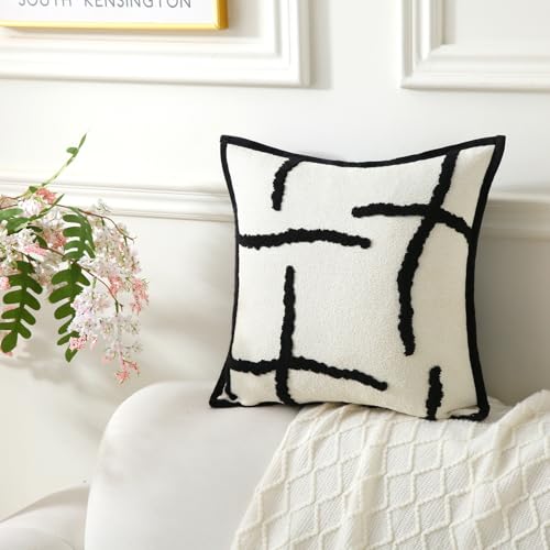 Boho Decorative Throw Pillows with Inserts, 18" x 18" Soft Tufted Modern Chenille Pillow, Pillows for Home, Patio, Couch, Bedroom, Living Room (Black Lines - Cream White Background) - style: Black Lines