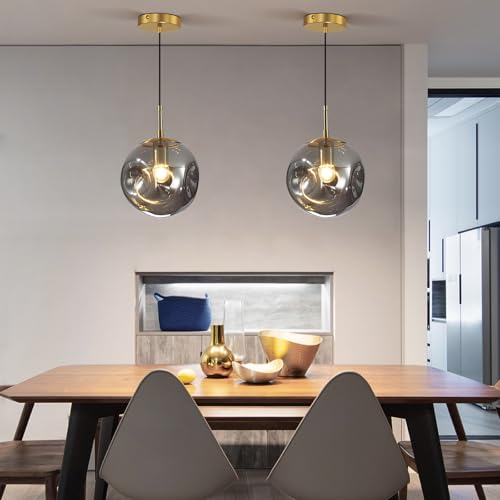 Modern Smoke Gray Concave Glass Pendant Light, 2-Pack Kitchen Island Lighting Single Globe Pendant Light Fixtures Century Kitchen Island Pendant Light for Bedroom Dining Room Light (Without Bulbs) - color: AX-Smoky Gray-1 Light-2PC