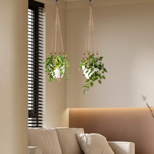 LEWESU Jute Macrame Plant Hanger Indoor Set of 4 Hanging Planter Basket Flower Pot Holder with Decorative Wood Beads & No Tassels for Indoor Outdoor Boho Home Decor, 35 Inch Brown (Pots Not Included) - color: Brown, size: 35" Set of 4
