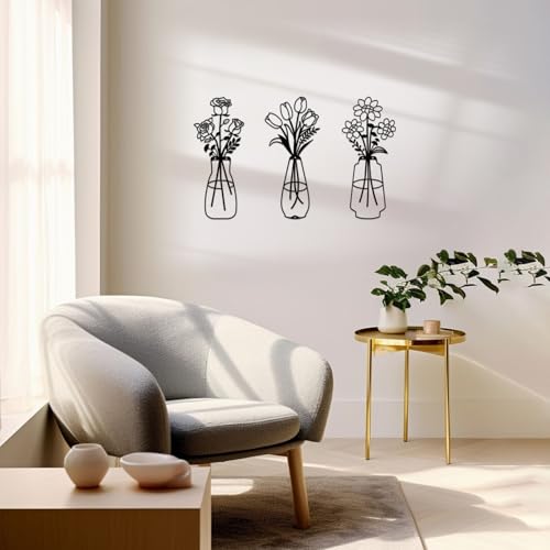 Jasscare Set of 3 Metal Flowers Wall Art, Matte Black Minimalist Line Art Floral Wall Decor, Modern Farmhouse Metal Wall Hanging for Living Room Bedroom Bathroom, Perfect Housewarming Gift for Home Decoration - color: Flowers