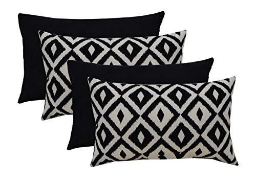 RSH DECOR Indoor Outdoor Mixed Set of 4 Decorative Rectangular Lumbar Throw Pillows ~ Black and White Aztec Geometric & Solid Black Fabrics (20" W x 12" H)