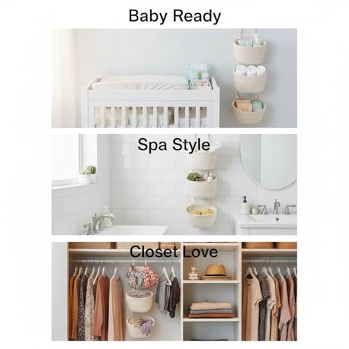 2 Pcs 3-Tier Woven Cotton Hanging Basket, Wall Mounted Storage Organizer, Boho New Home Basket, Over The Door Organizer for Bathroom, Bedroom, and Closet Organization