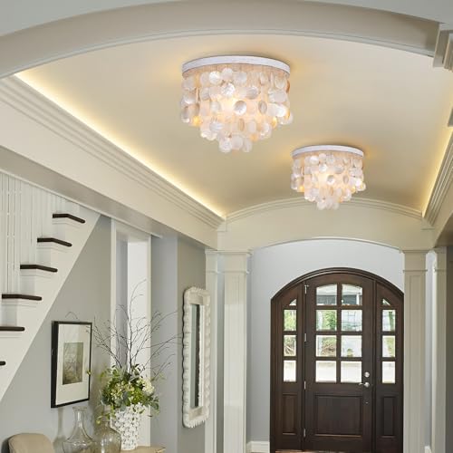Capiz Shell Chandelier Ceiling Light, 3 Light Flush Mount Light for Bedroom, Hallway, Entryway,Bathroom，Nursey，Girls‘ Room，Vintage White with Gold Shells - size: 13 inch