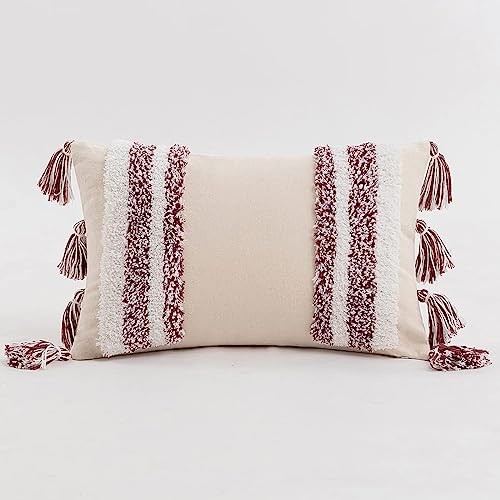 Boho Tufted Throw Pillow with Tassels, Country Thick Striped Style Soft Cushion Cover Decor wuth Zipper for Chair Bed Couch Living Room (Wine Red,12" x 20") - color: Wine Red, size: 12" x 20"