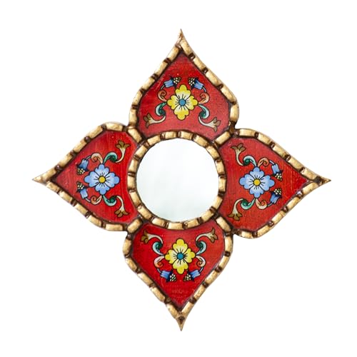 Handmade Peruvian Mirror - Reverse Painted Glass Mirror - Square or Diamond Shaped Wall Mirror with Bronze Leaf - Small Mirrors for Gallery Wall (Red) - color: Red