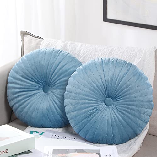 Namalu 2 Pcs Round Throw Pillow 13.8 Inch Decorative Round Velvet Floor Pillows Pumpkin Throw Pillows with Center Button for Thanksgiving Home Decor Living Room Sofa Couch Bed Chair (Blue) - color: Blue