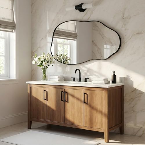 Asymmetrical Wall Mirror 36"x20", Large Irregular Mirror for Bathroom Vanity, Matte Black Rust Proof Aluminum Frame, Tempered Glass Modern Wavy Mirror for Horizontal or Vertical Decor - color: Black, size: 36"L x 20"W