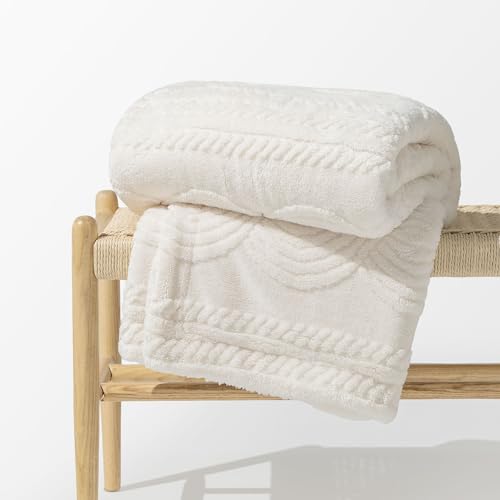 EverGrace Cable Jacquard Sherpa Fleece Throw Blanket for Couch, Super Soft Cozy Fuzzy Plush Blankets for All Seasons, Reversible Thick Warm Blanket for Bed, Sofa, Living Room, Ivory White, 50" x 60" - color: Ivory White, size: 50x60 Inches