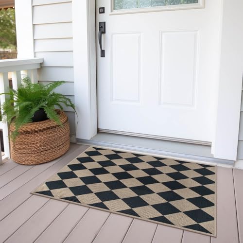 Rugalia Easy Jute Checkered Entryway Rug, 2x3 Black Modern Indoor Outdoor Doormat, Washable Non-Slip Neutral Small Kitchen Rug Farmhouse Diamond Throw Rugs for Entrance Bedroom Bathroom - color: Black Checkered, size: 2' x 3' (Rectangular)