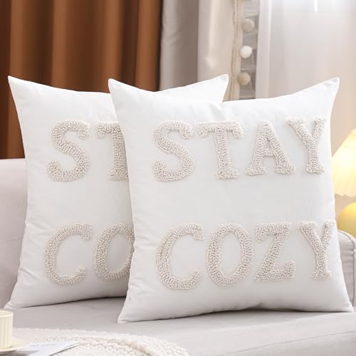 LUOYEHK Embroidered Stay Cozy Pillow Covers 20x20 Inch Set of 2 Decorative Throw Pillow Covers Natural Farmhouse White Square Pillow Cases Cushion Covers for Couch Bed Living Room Home Spring Decor - color: Stay Cozy, size: 20" x 20" (Pack of 2)