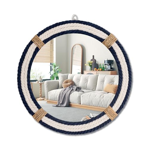 Vercraft Nautical Coastal Mirror 16" Wall Decor with Rope Wrapped Trim and Hanging Loop Round Circle Nursery Mirror Nautical Boho Rustic Decorative for Living Room, Bedroom Blue and White - size: 16"L x 16"W