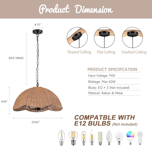 ocioc Rattan Pendant Lighting,23.6" Kitchen Island Hanging Light Fixtures,Large Boho Hand-Woven Chanderlier, E26 Farmhouse Retro Ceiling Chandelier 3-Lights for Dining Room Kitchen Island Living Room - size: 23.6" 3-Light