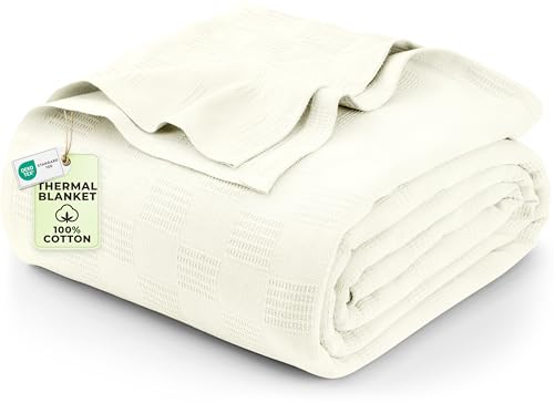 Utopia Bedding 100% Cotton Thermal Blanket Ivory Queen Size Soft, Lightweight, Breathable, Cozy Spring and Summer Blankets for Bed, Home Room Decor Gifts for Women and Men (90x90 Inches) - color: Ivory, size: Queen