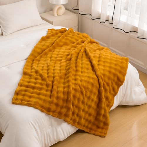 YUSOKI 3D Fleece Bubble Throw Blanket | 380GSM Ultra Soft Fluffy Plush | Non-Shedding Lightweight Cozy Blanket for Couch Sofa Bed | All Season (Gold,50 * 60inches) - color: Gold, size: Throw(50" x60")