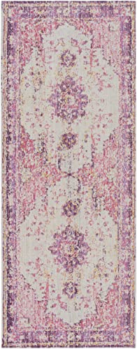 Hauteloom Laureldale Oriental Living Room, Bedroom, Girl Room Area Rug - Bohemian, Boho Medallion - Vintage Distressed - Low Pile Carpet - Pink, Purple, Grey, Yellow - 2' x 2'11" - color: Red, Light Gray, Lavender / Laureldale, size: 3'2" x 8'2" (Runner)