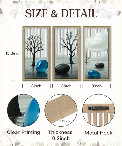Putuo Decor Botanical Abstract Wall Art Set of 3, Mid Century Framed Wooden Wall Decor, Minimalist Geometric Contemporary Artwork for Bedroom Living Room Bathroom, 16.5 x 8.6 Inch - color: Muted Black & Teal Abstract