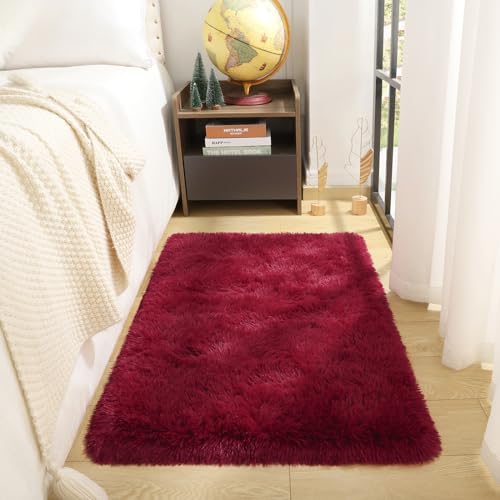 DETUM Small Rug 2x3 Fluffy Rugs for Bedroom Kicthen Entryway Hallyway Washable Non Slip Burgundy Rug, Plush Fuzzy Throw Rugs for Kids Girls Room Decor - color: Burgundy, size: 2 x 3 feet