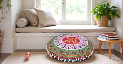 Multi 6 Color Round Mandala Floor Pillow Cover Seating Cushion Throw Cover Hippie Decorative Bohemian Ottoman Pouf Cover, Pom Pom Pillow Cases,Boho Indian 32 Inches - color: Pink/Green, size: 32" Round