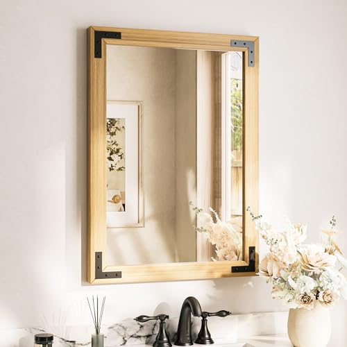 TETOTE 22 x 30 Natural Wood Mirror for Bathroom Wall/Bedroom/Living Room/Entryway Farmhouse Rustic Bathroom Vanity Mirror Waterproof (Horizontal/Vertical Mounted) - color: Wood, size: 30"L x 22"W