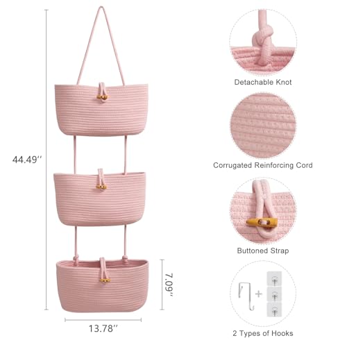 TeoKJ Over the Door Hanging Baskets with Button Strap, 3-Tier Woven Cotton Storage Organizer Bag, Wall-Mounted with Hook Decorative Hanging Nursery Baskets - Pink - color: Pink, style: 3 tier+Button