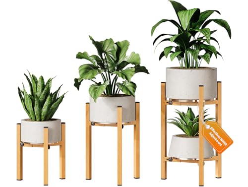 3 Pack Plant Stand Indoor Adjustable, Metal Modern Indoor Plant Stand, Heavy Duty Single Plant Stands Outdoor Corner, Stable Plant Holder Indoor Stand, Fits 8 to 12 Inches Pots, Natural Wood-Grain - color: Natural Wood-Grain, size: 3 Pack