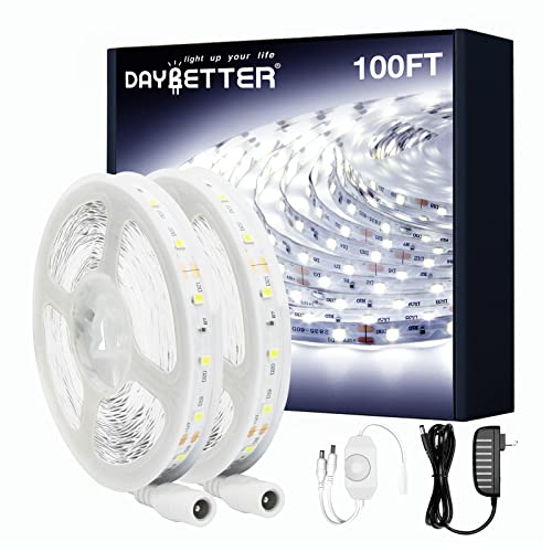 DAYBETTER White LED Strip Light, 100 ft Dimmable Strip, 6500K 24V Lighting Strips, 1800 LEDs 2835 Tape Lights for Bedroom, Kitchen, Mirror, Home Decoration(2 Rolls of 50 ft) - color: Daylight White, size: 100FT
