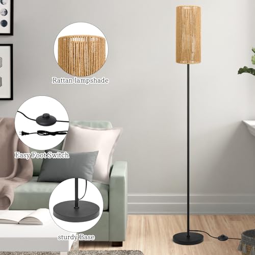 Ruiever Floor Lamp for Living Room,Farmhouse Floor lamp,Modern Standing lamp with Hand-Worked Rattan Shade (Straight Line Rattan Shade- 3 Color Bulb) - style: Straight Line Rattan Shade- 3 Color Bulb