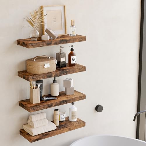 Fixwal Wood Floating Shelves, Wall Shelves Set of 4, Shelves for Wall Decor, with Invisible Brackets for Bathroom, Living Room,Bedroom and Kitchen(15.7in, Rustic Brown) - color: Rustic Brown, size: 15.7in